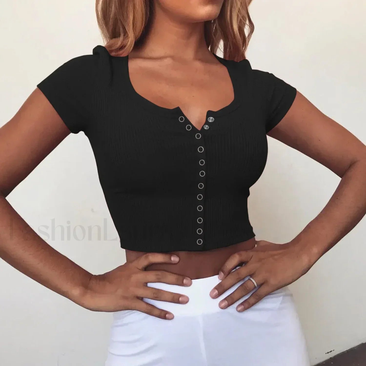 Solid Color Crop Top Summer T Shirt Black / S