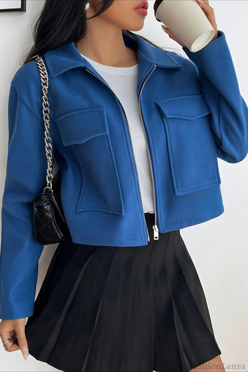 Solid Color Cropped Zip Sleeve Jacket