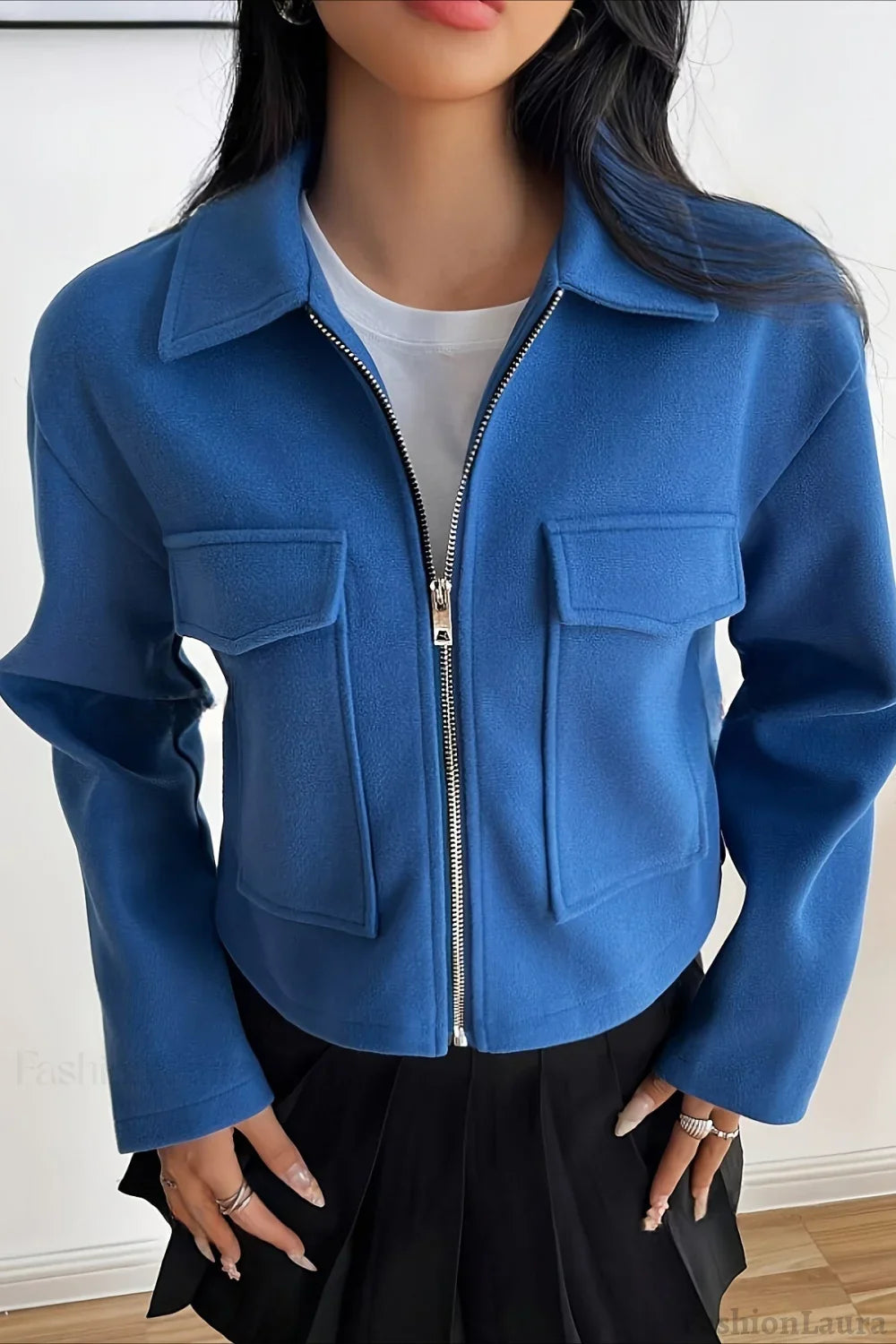 Solid Color Cropped Zip Sleeve Jacket S / Blue