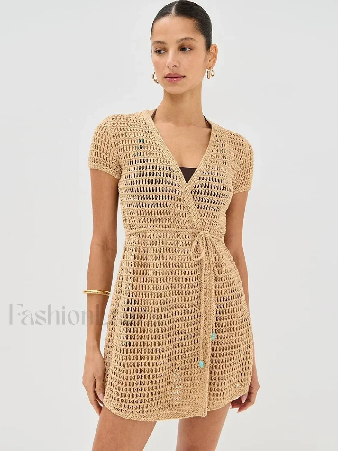 Solid Color Knit Hollow Out Short Sleeve Wrap Cover Up Khaki / S