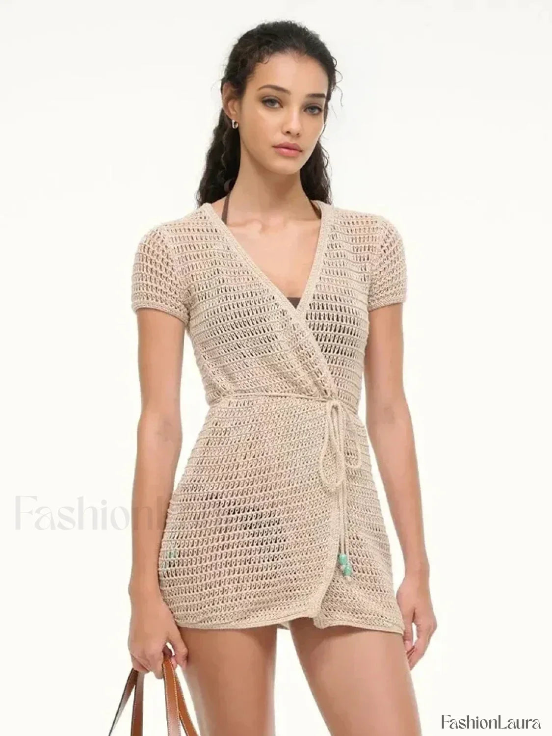 Solid Color Knit Hollow Out Short Sleeve Wrap Cover Up