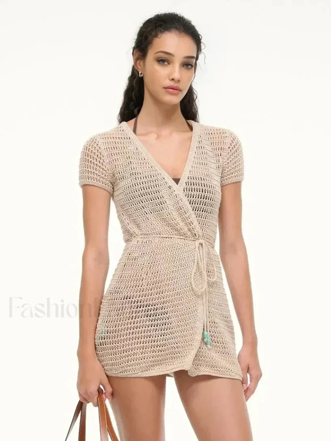 Solid Color Knit Hollow Out Short Sleeve Wrap Cover Up