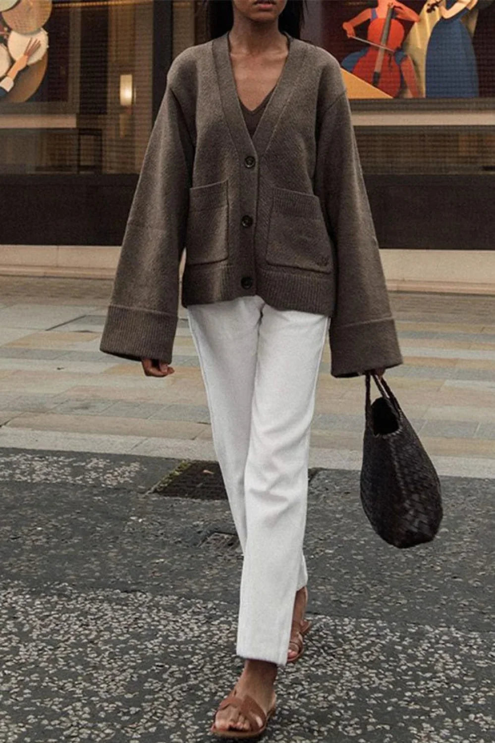 Solid Color Knit V-Neck Coat