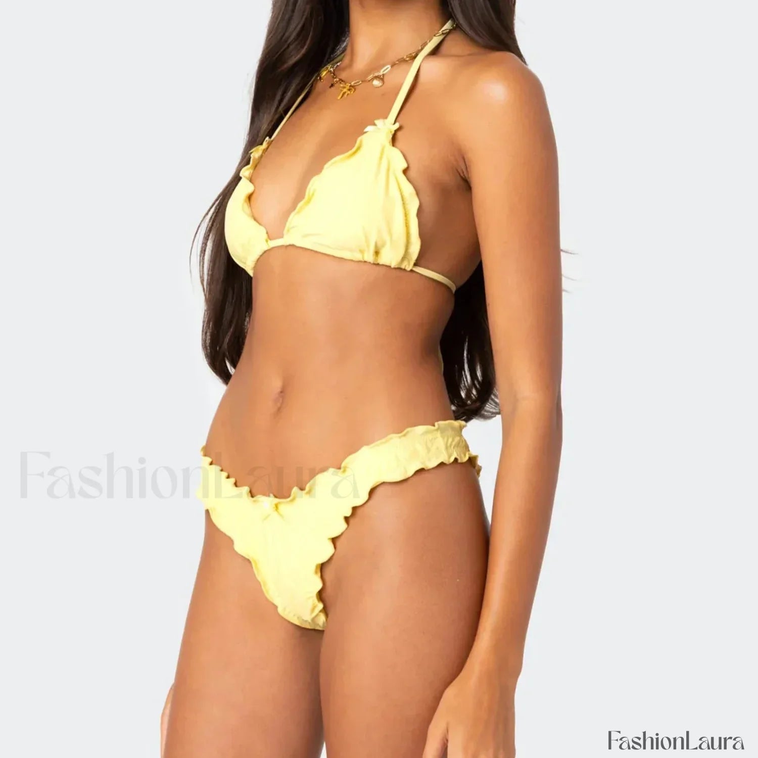 Solid Color Lettuce Trim Bikini Set