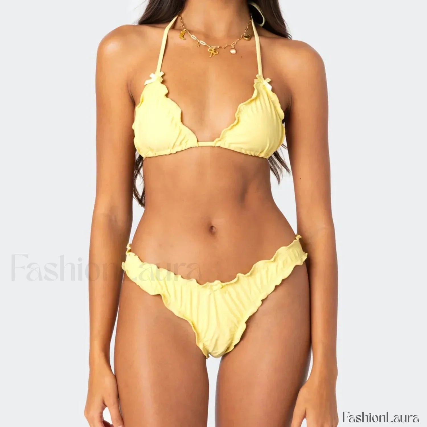 Solid Color Lettuce Trim Bikini Set
