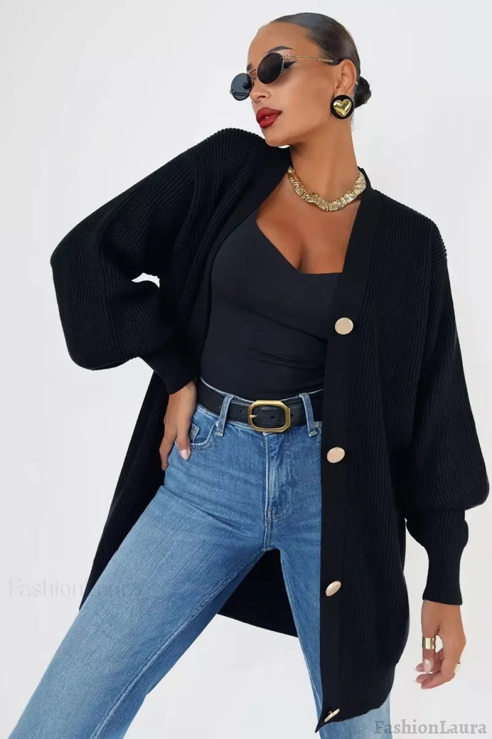 Solid Color Relaxed Knit Cardigan S / Black