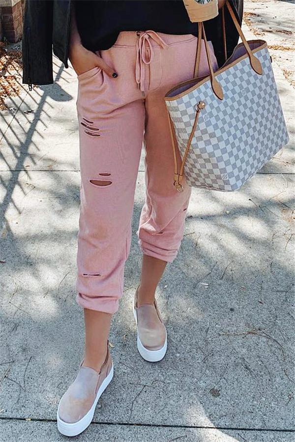 Solid Color Ripped Elastic Waist Pants