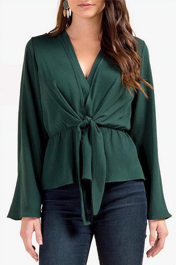 Solid Color V Neck Knot Blouse
