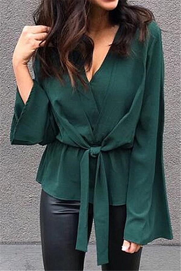 Solid Color V Neck Knot Blouse