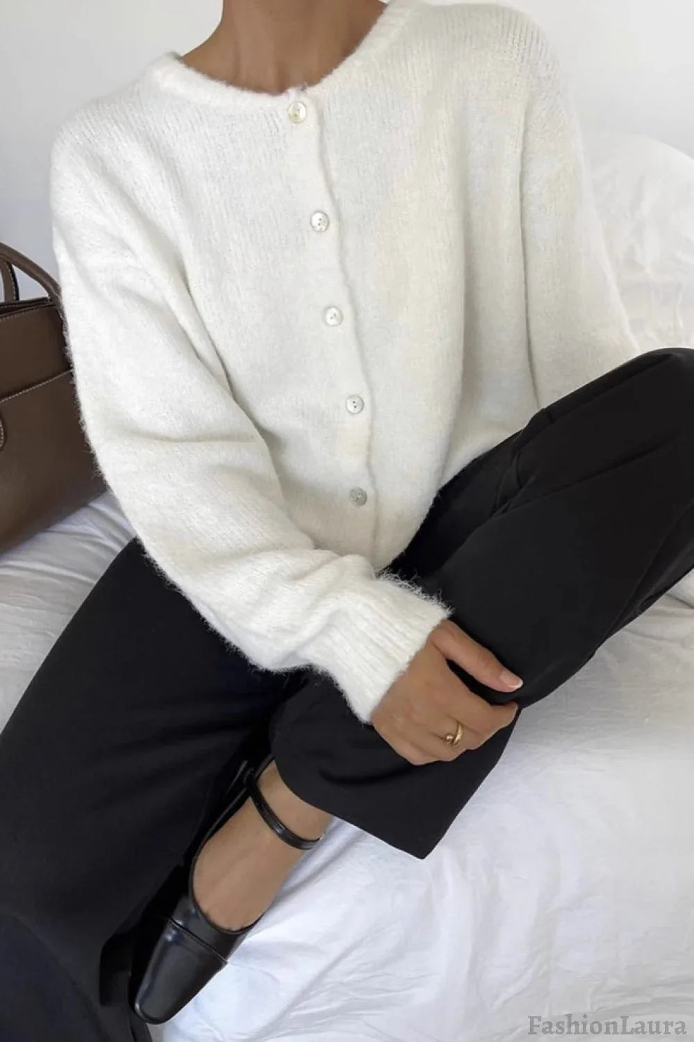 Solid Color Wool Blend Cardigan M / White