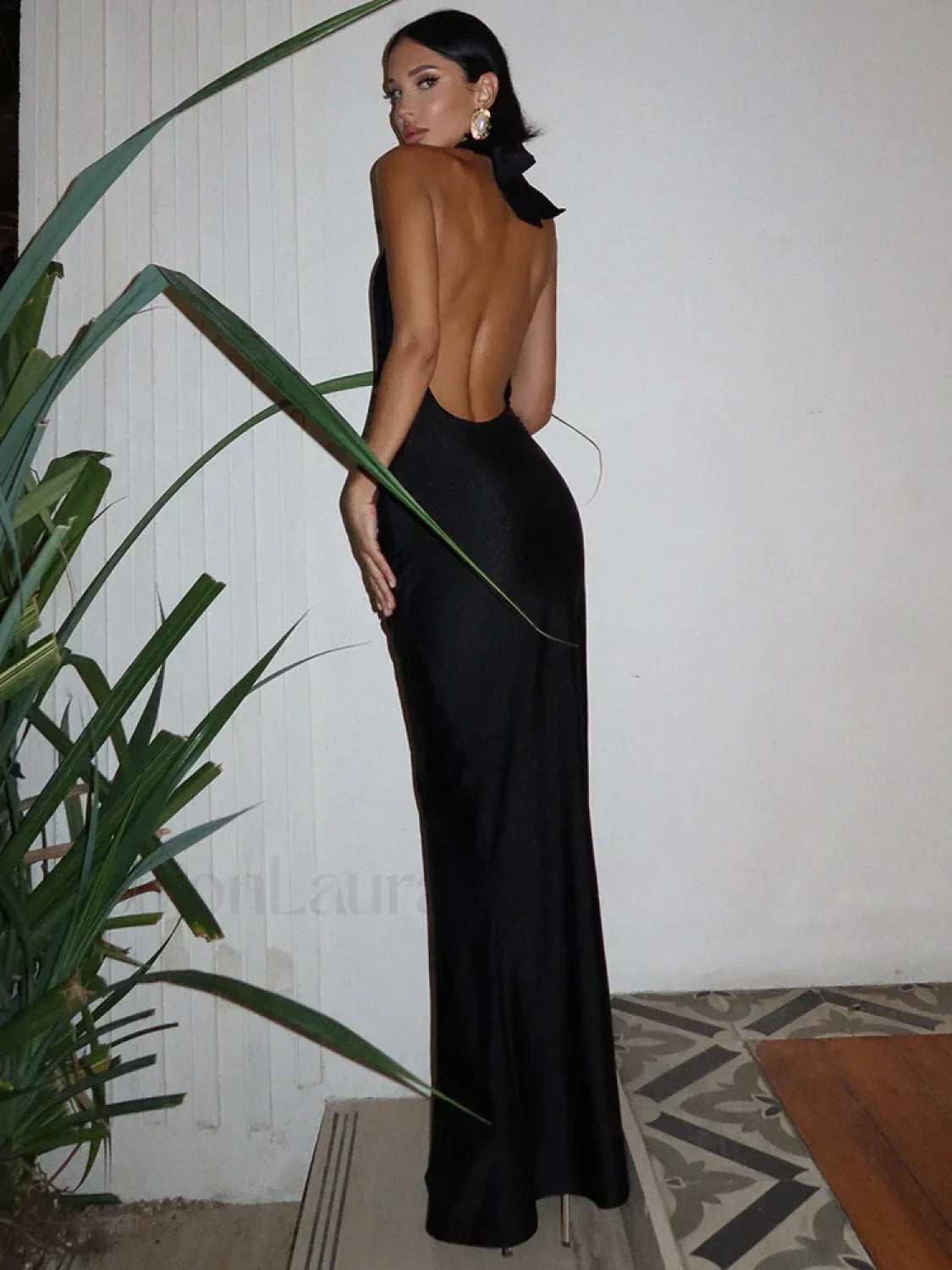 Solid Deep V Halter Maxi Dress