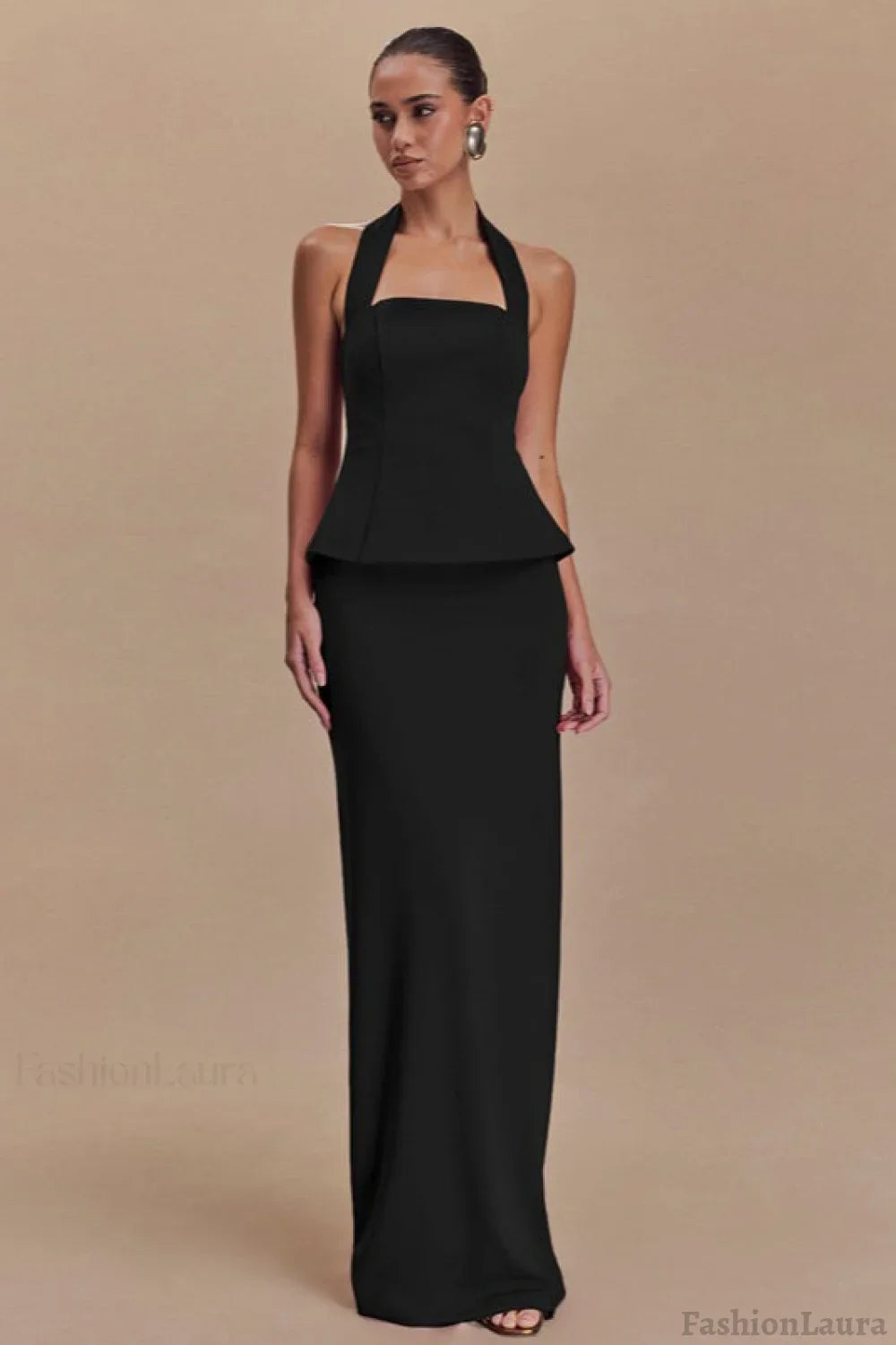Solid Halter Backless Maxi Formal Dress
