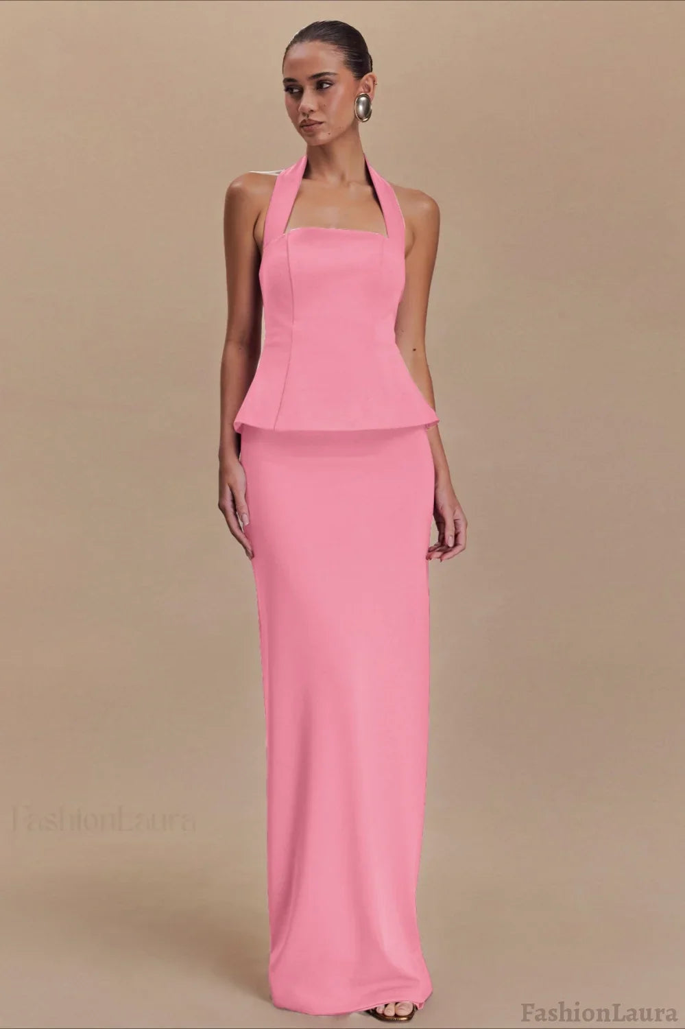 Solid Halter Backless Maxi Formal Dress