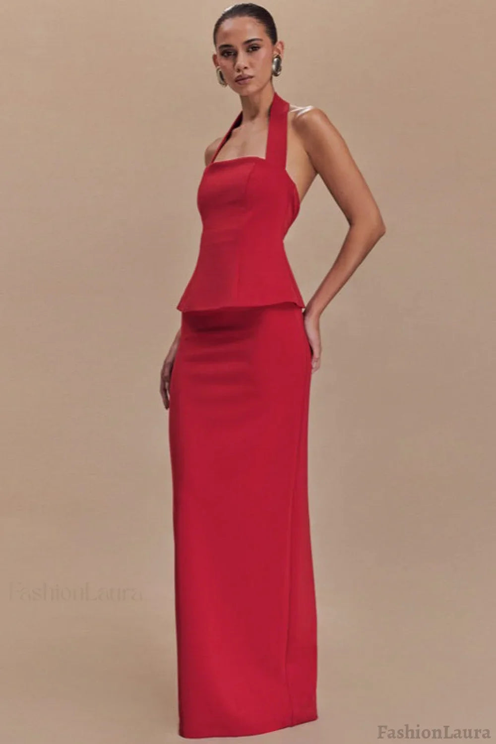 Solid Halter Backless Maxi Formal Dress