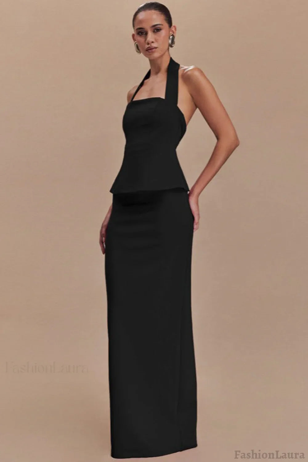 Solid Halter Backless Maxi Formal Dress S / Black