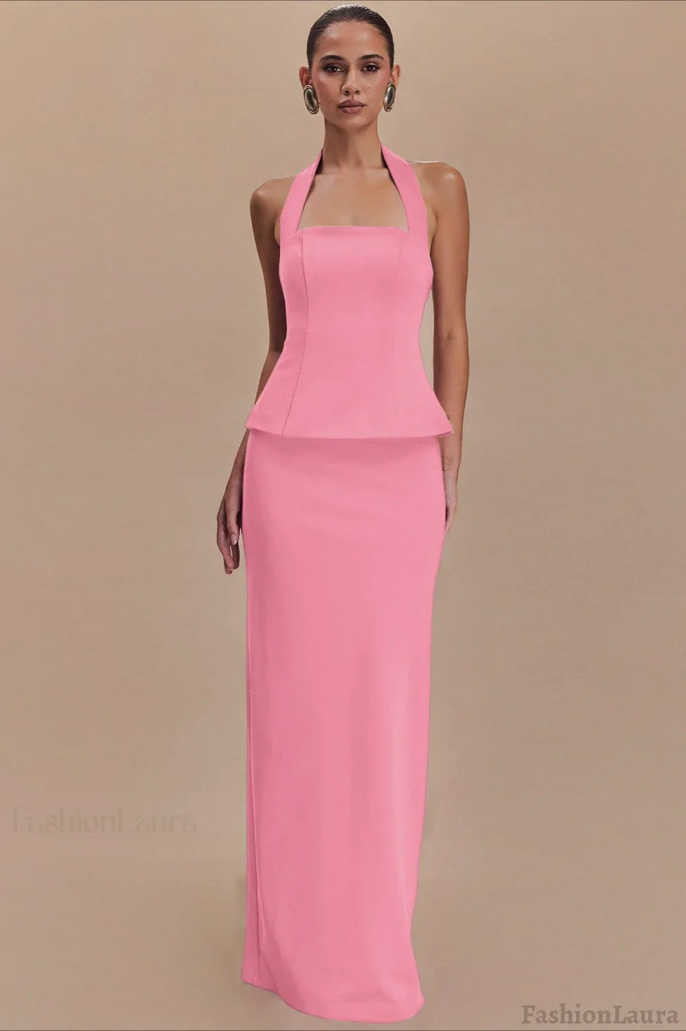 Solid Halter Backless Maxi Formal Dress S / Pink