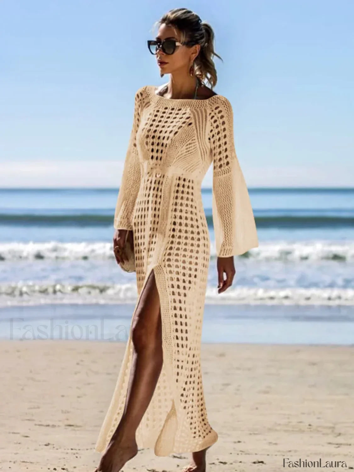 Solid Hollow Lace Up Slit Cut Cover Up