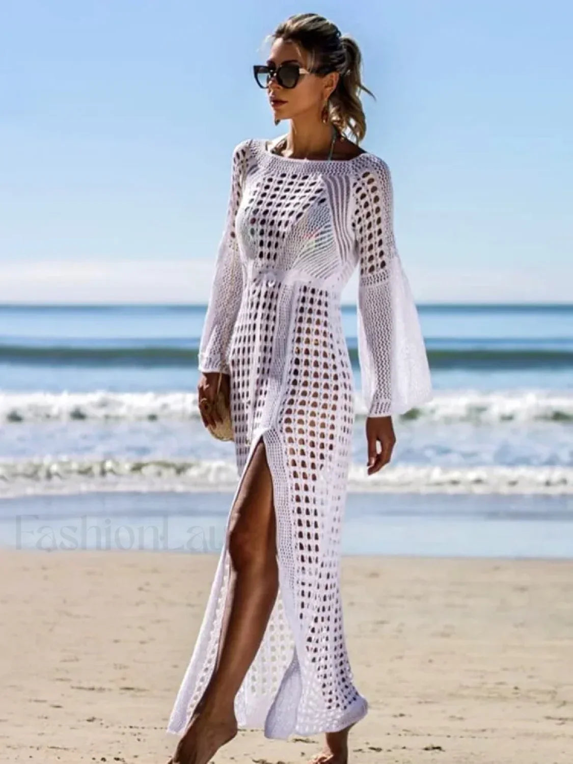 Solid Hollow Lace Up Slit Cut Cover Up White / One Size