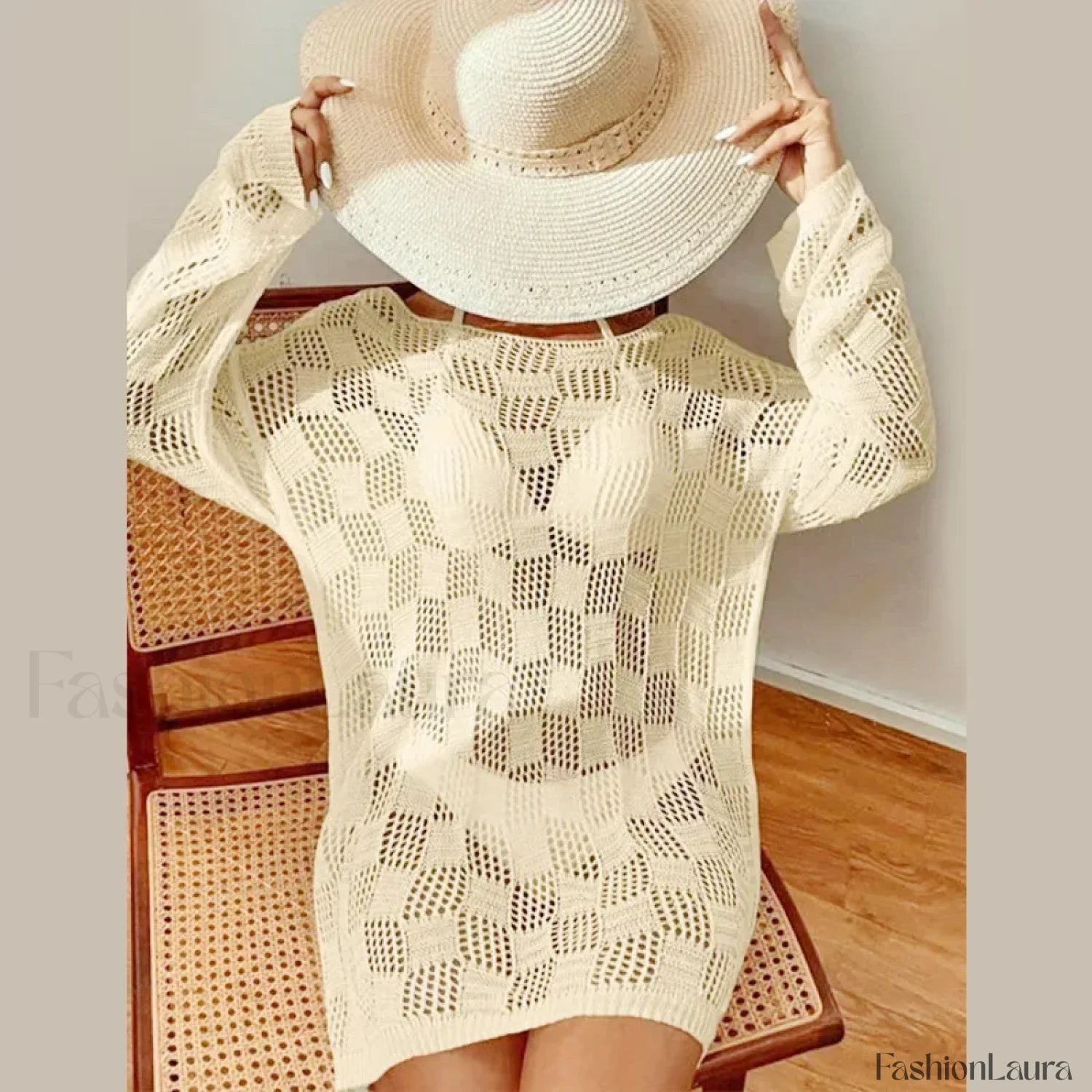 Solid Hollow Long Sleeve Cover Up