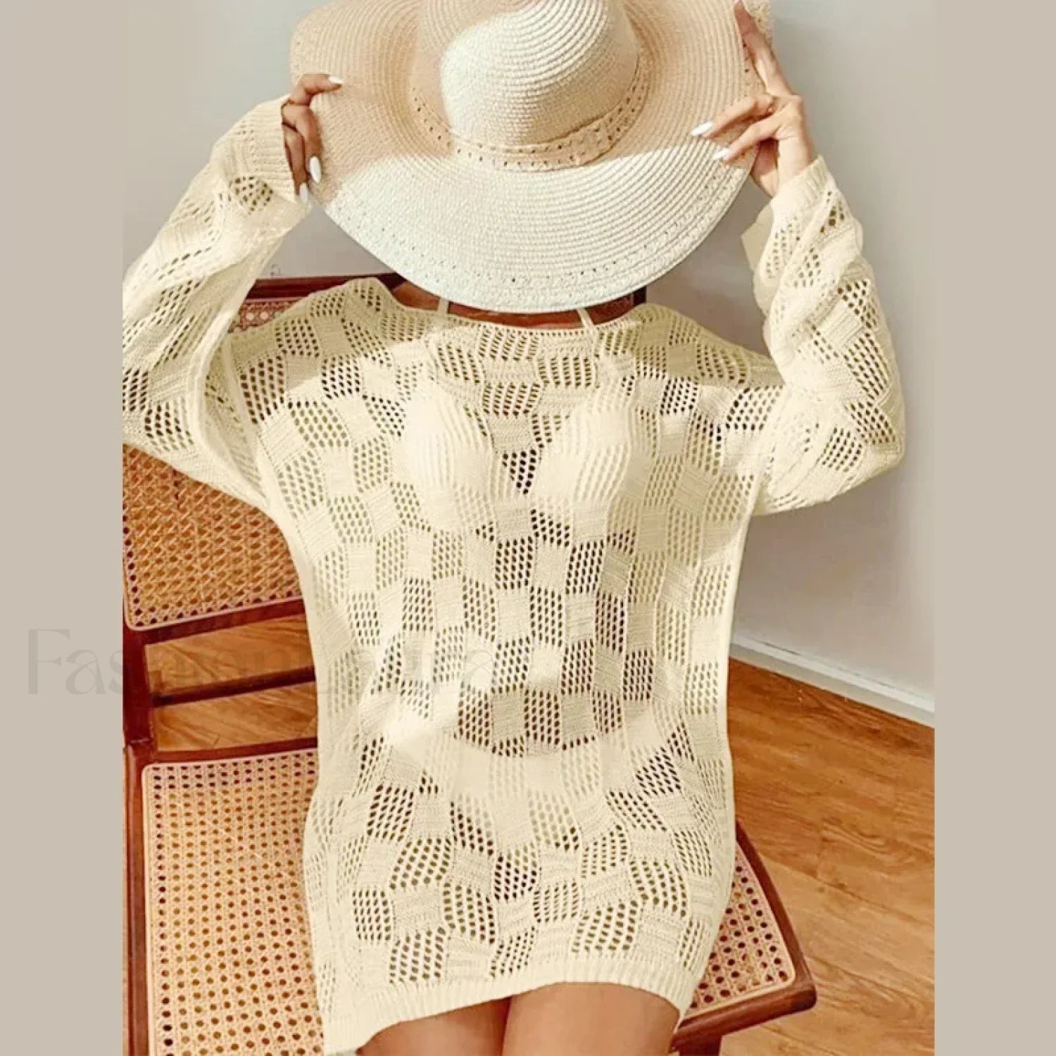 Solid Hollow Long Sleeve Cover Up