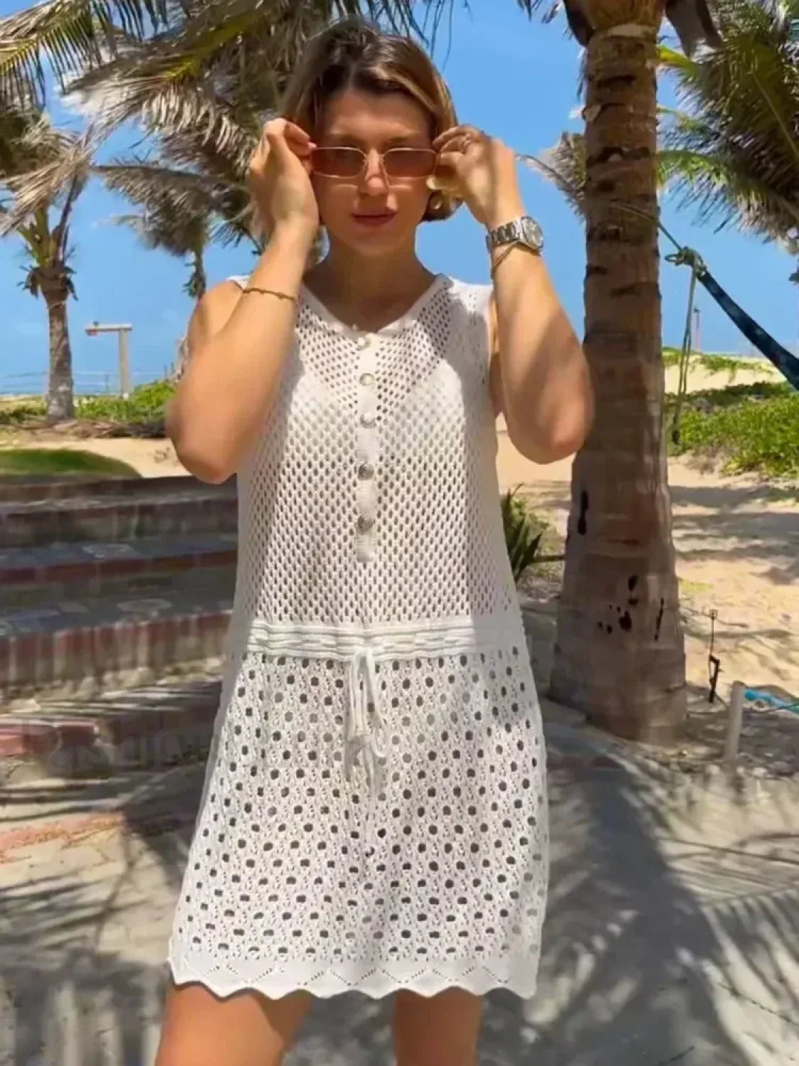 Solid Knitted Cut Out V-neck Button Up Cover Up