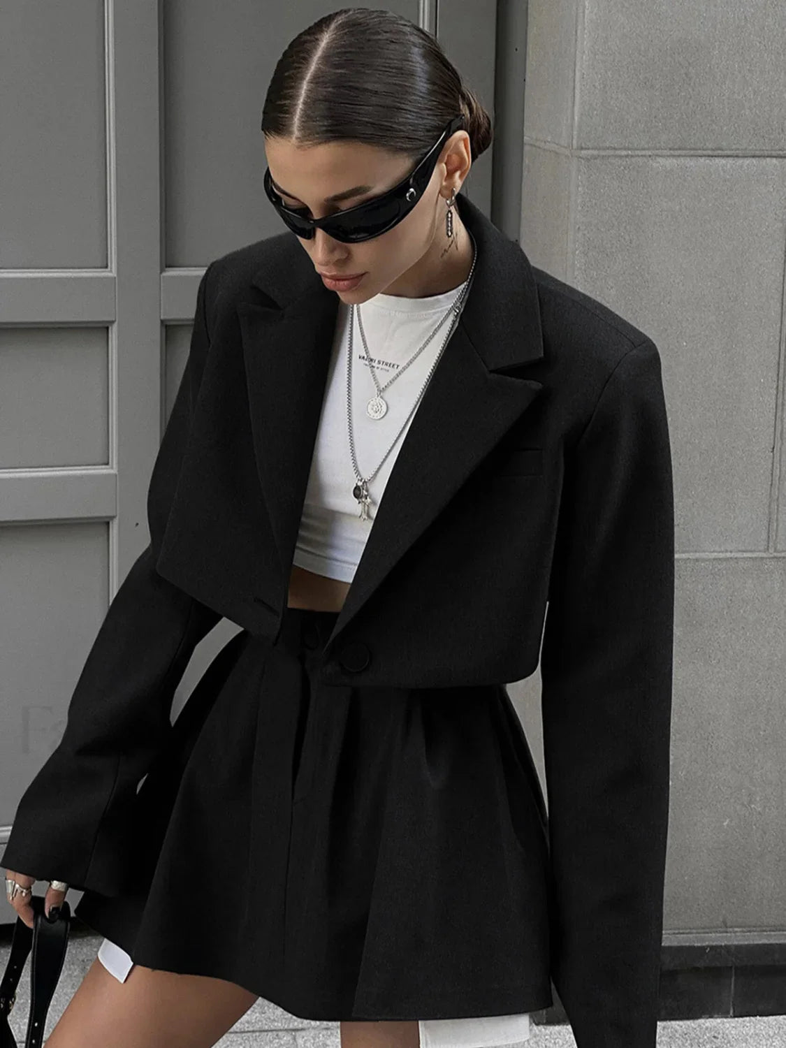 Solid Lapel Blazer Trendy Mini Skirt Set