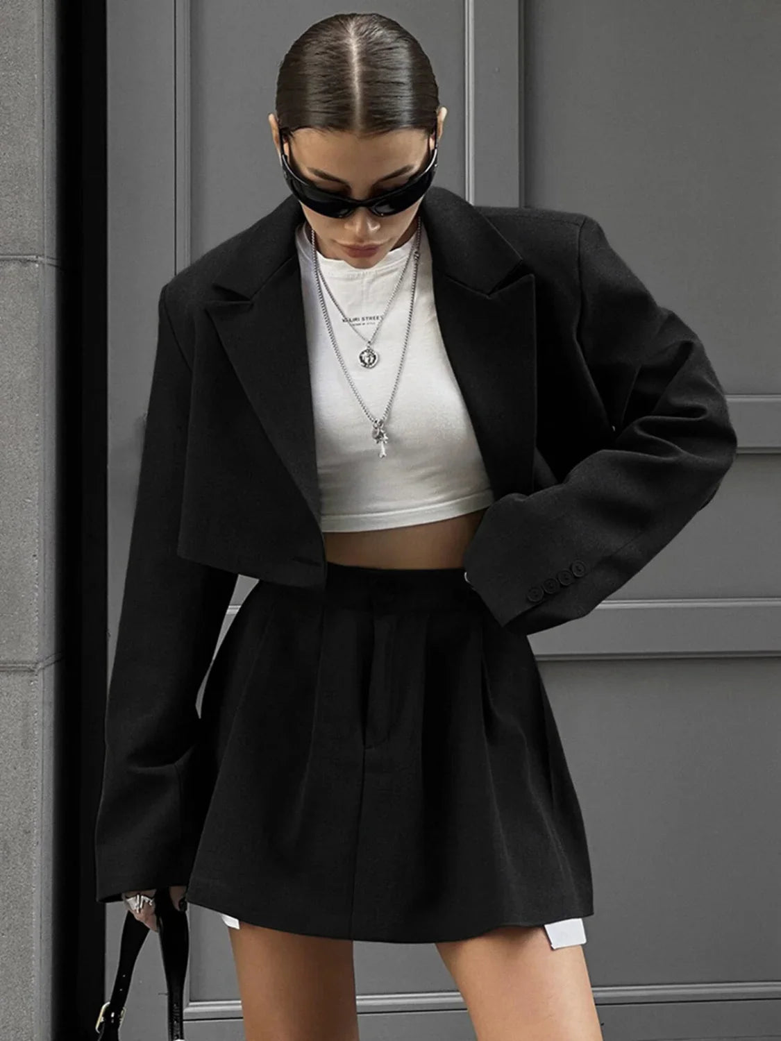 Solid Lapel Blazer Trendy Mini Skirt Set