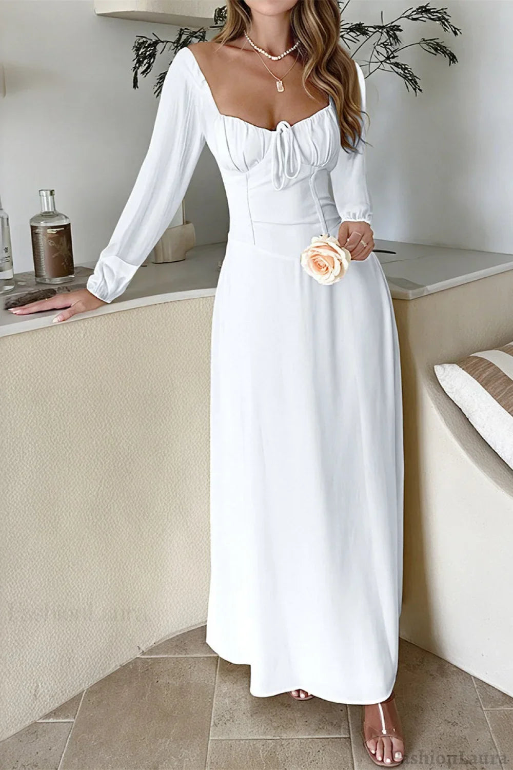 Solid Long Sleeve Party Dress S / White