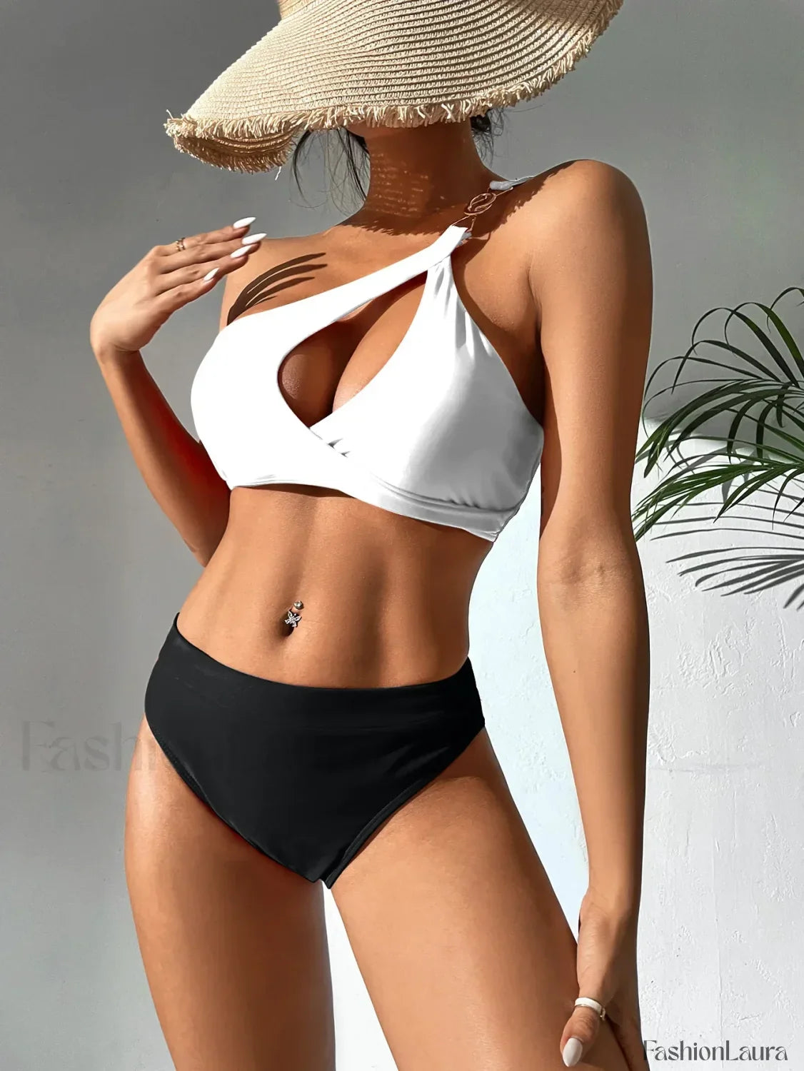 Solid One Shoulder Hollow Push Up Bikini Set