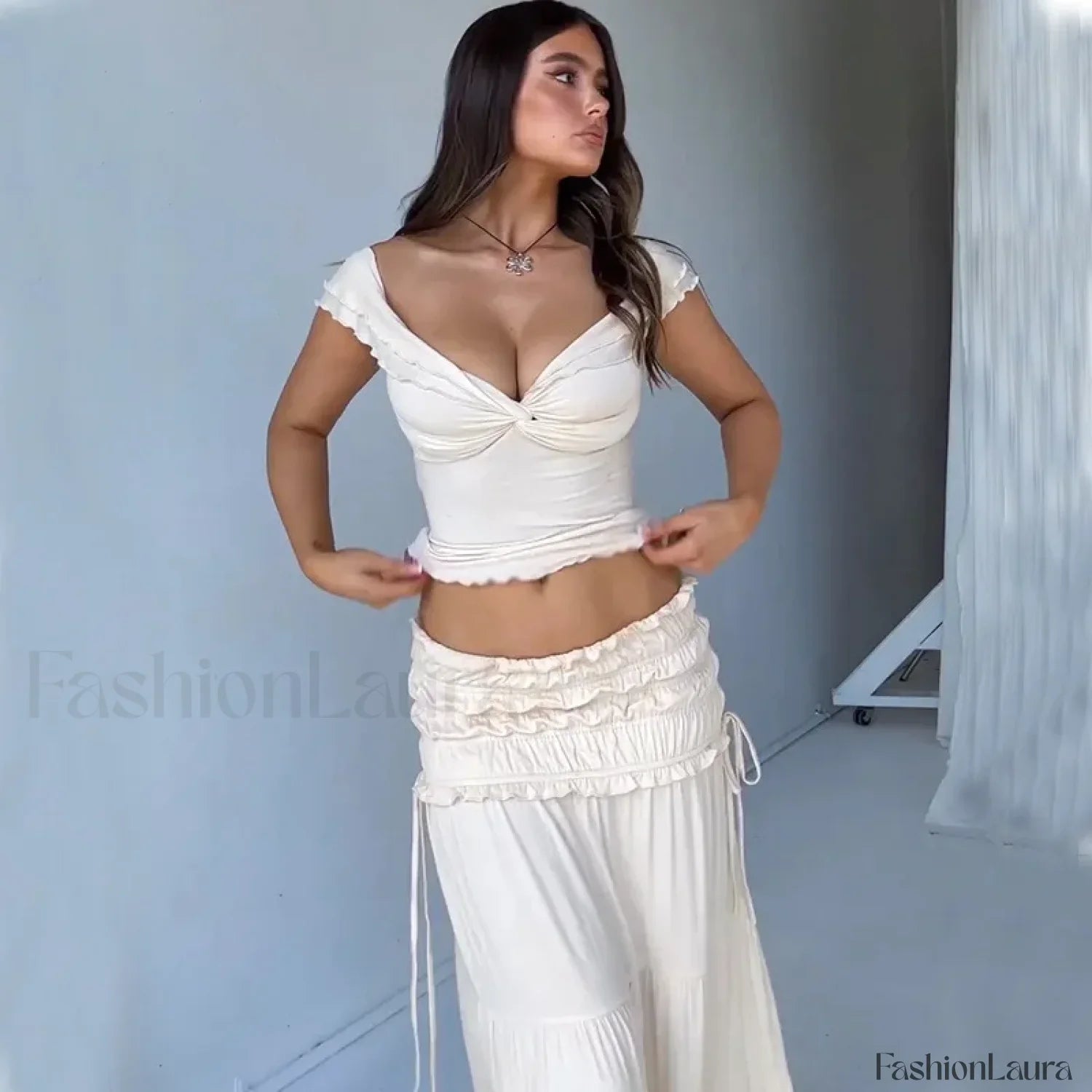 Solid Ruffle Maxi Skirt Knit Two Piece Set