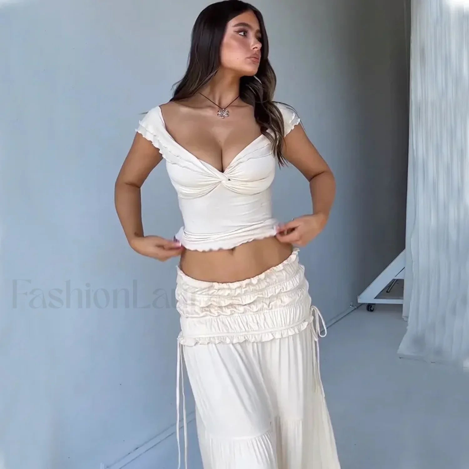 Solid Ruffle Maxi Skirt Knit Two Piece Set