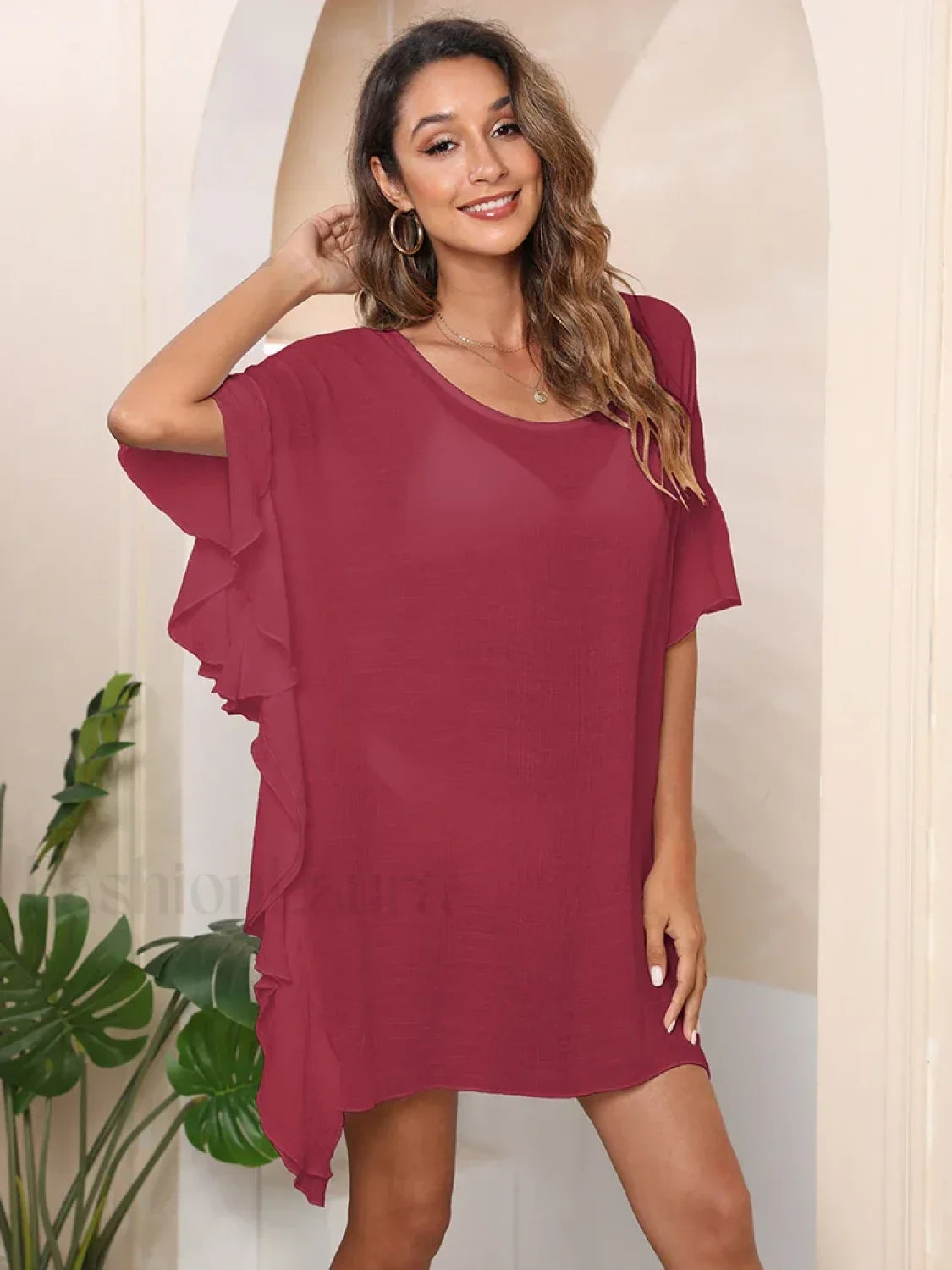 Solid Ruffle See Through Cover Up Claret / One Size