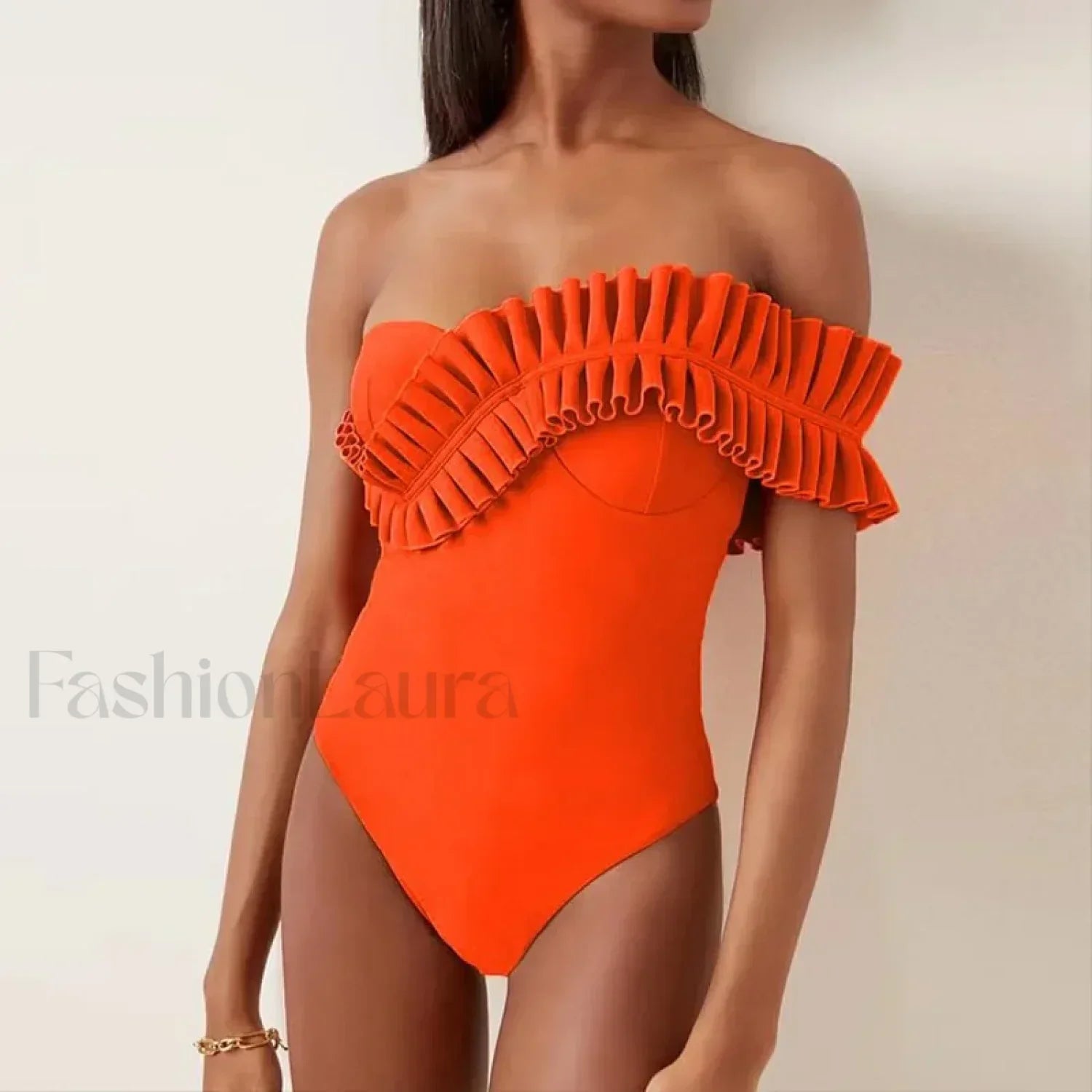 Solid Ruffle Yellow One Piece orange / S