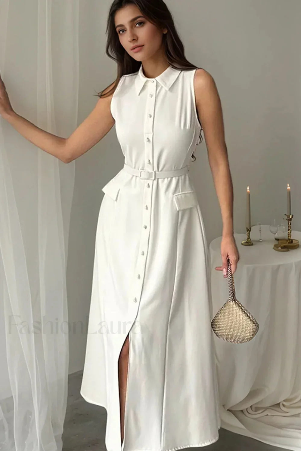Solid Sleeveless Pearl Buckle Slim Split Maxi Dress