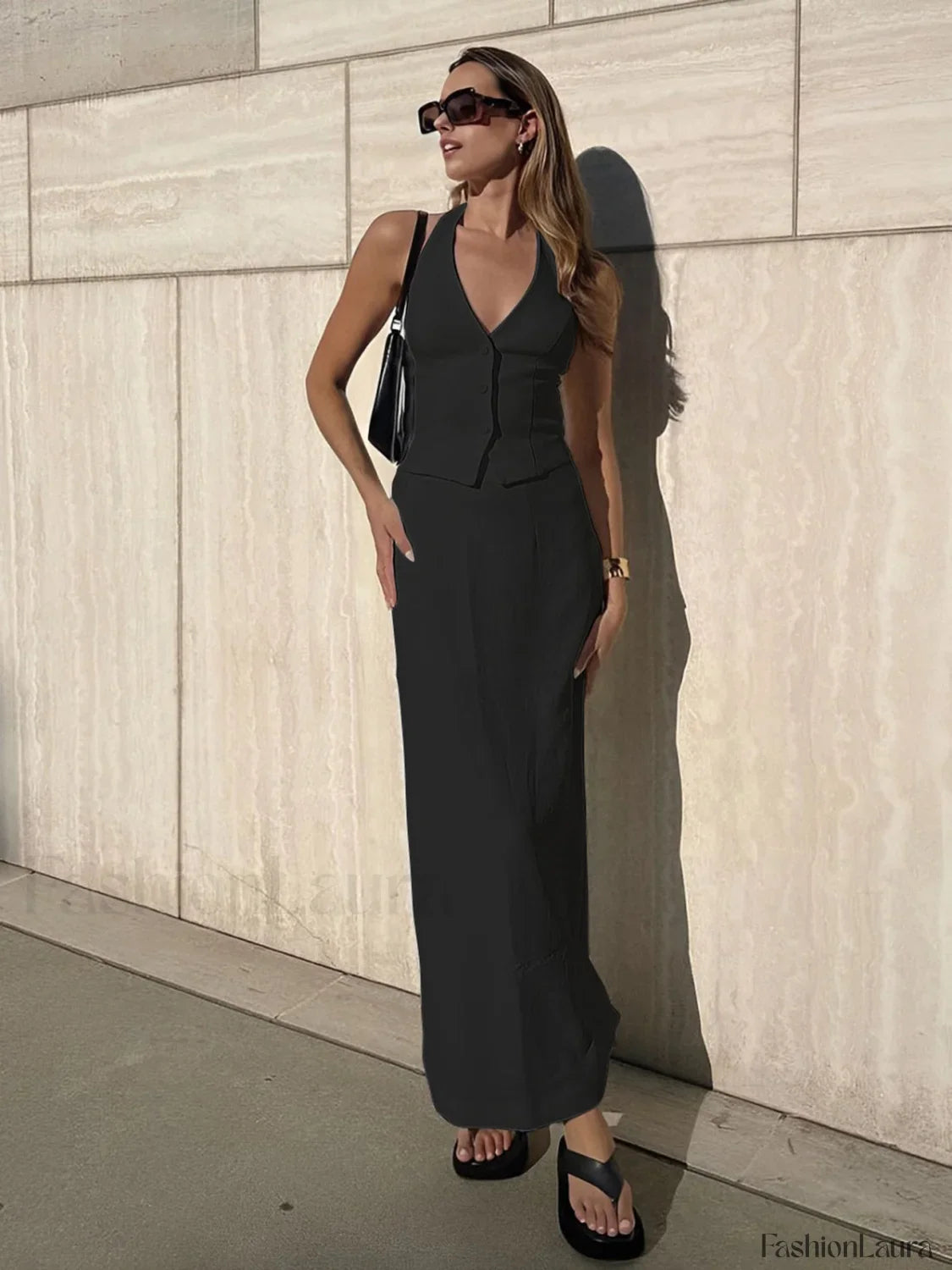 Solid V-Neck Backless Tie Up Classic Halter & Split Maxi Skirt Set