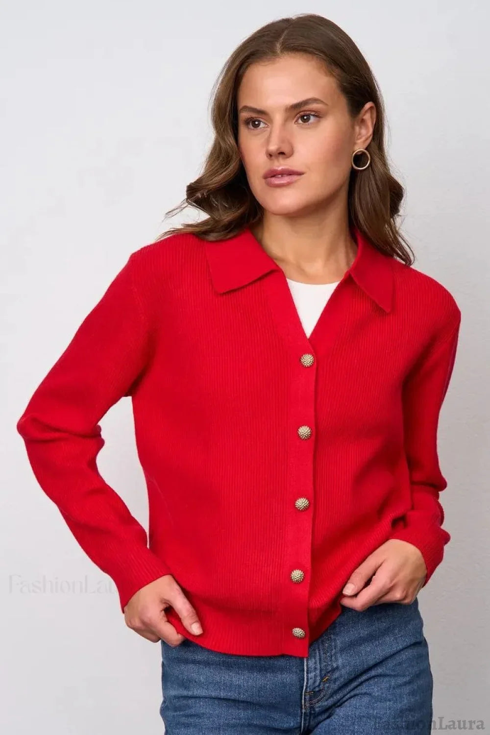 Solid V Neck Button Down Cardigan S / Red