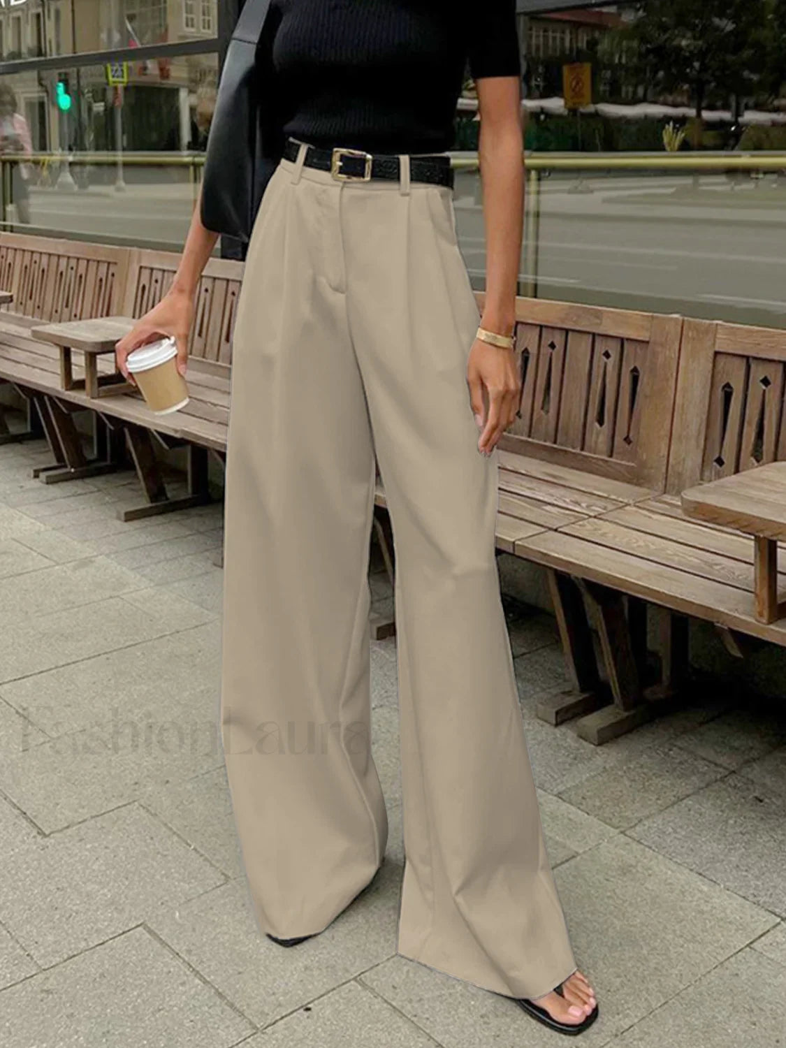 Solid Wide Leg Pants Without Belt Khaki / XS Pants