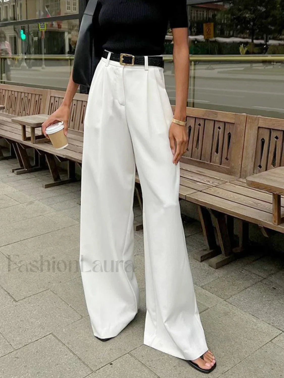 Solid Wide Leg Pants Without Belt White / XS Pants