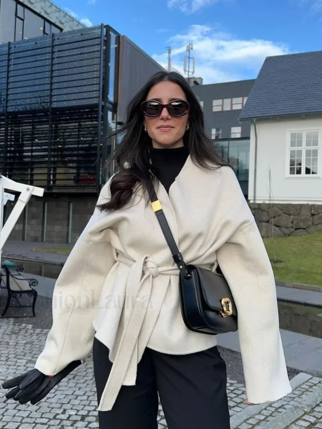 Solid Women's Slim Coat Elegant V-neck Belts Chic Long Sleeve Overcoats