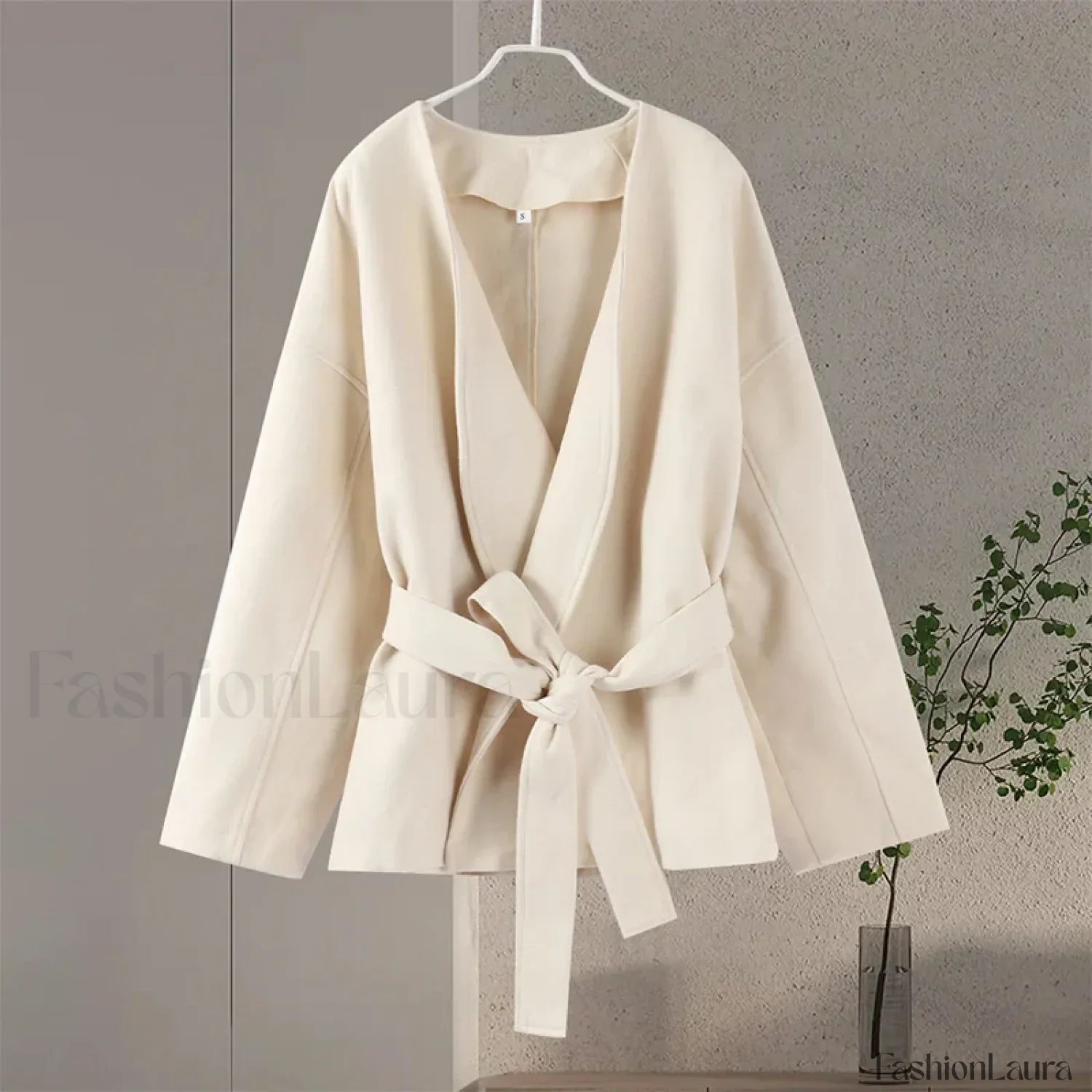 Solid Women's Slim Coat Elegant V-neck Belts Chic Long Sleeve Overcoats
