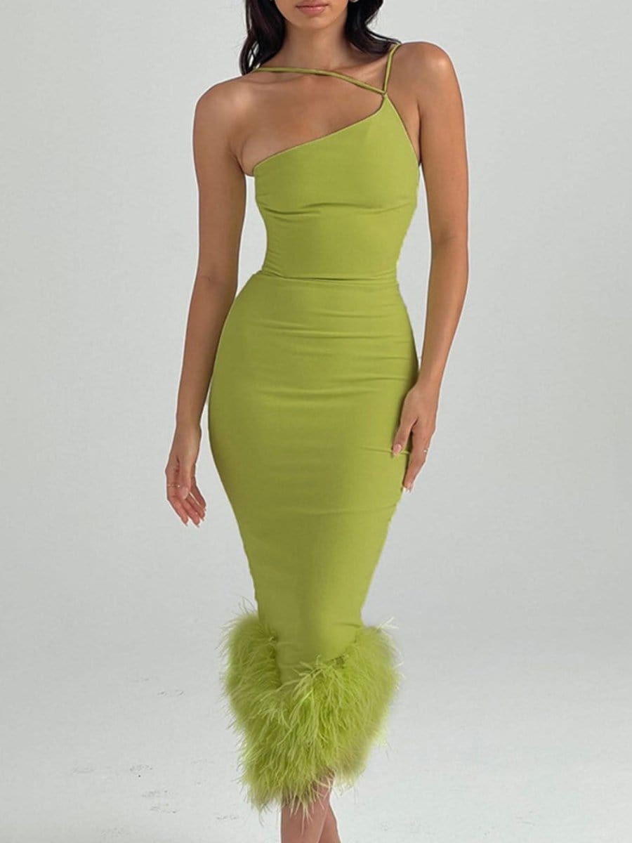 Sonia One Shoulder Feather Midi Dress
