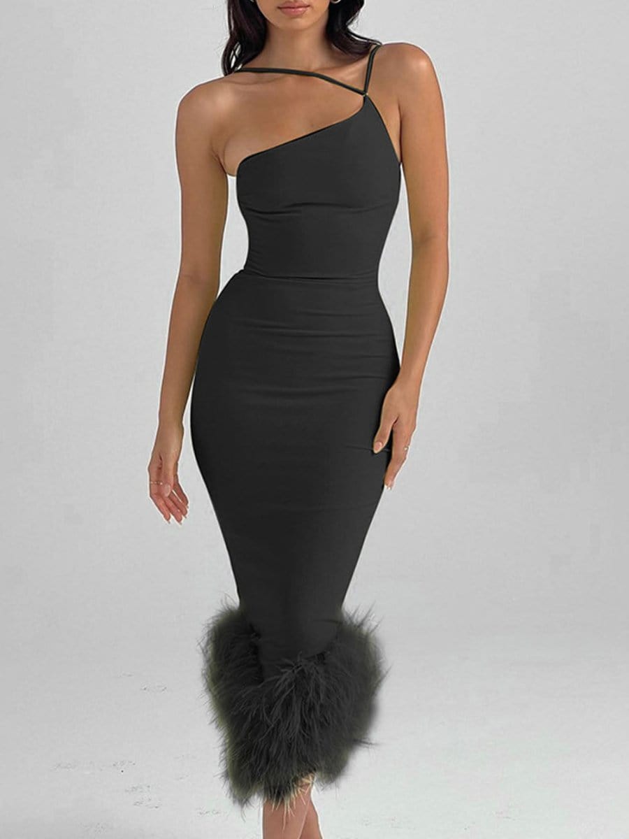 Sonia One Shoulder Feather Midi Dress 15