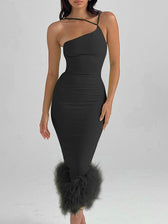 Sonia One Shoulder Feather Midi Dress 15