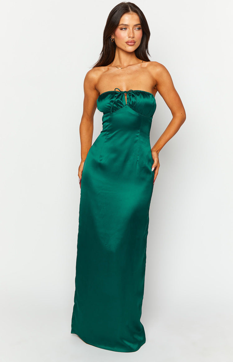 Satin Strapless Keyhole Tie Front Column Maxi Dress 2