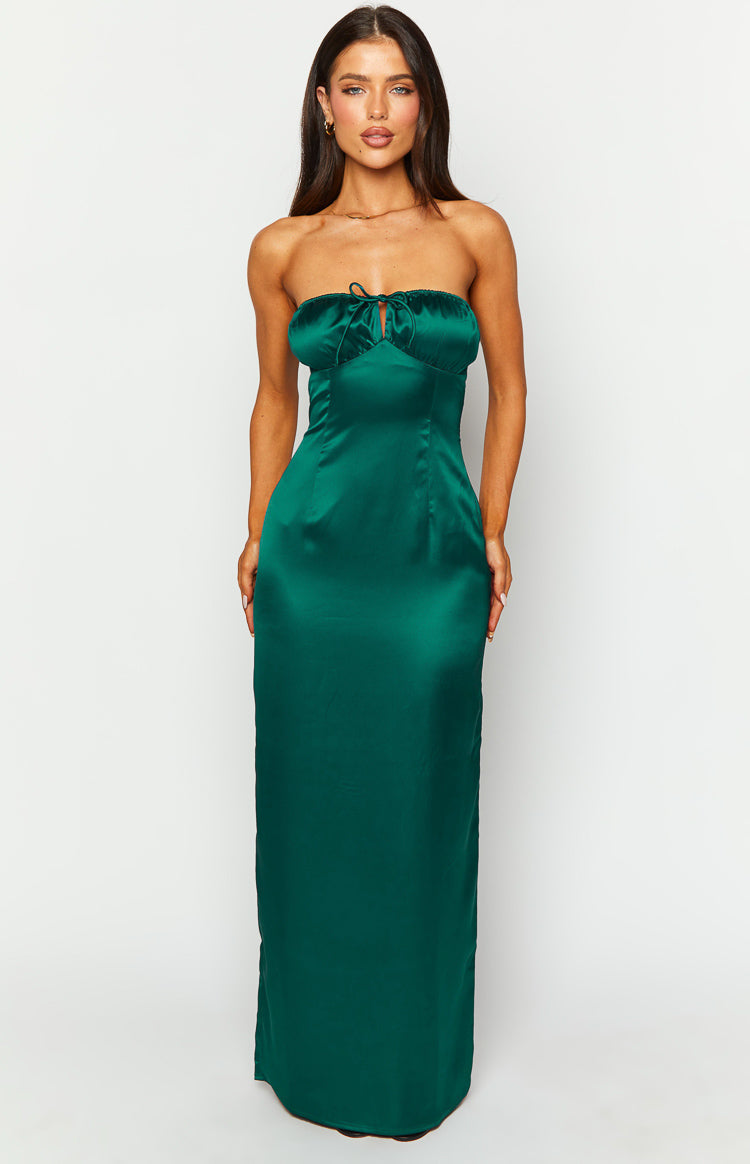 Satin Strapless Keyhole Tie Front Column Maxi Dress
