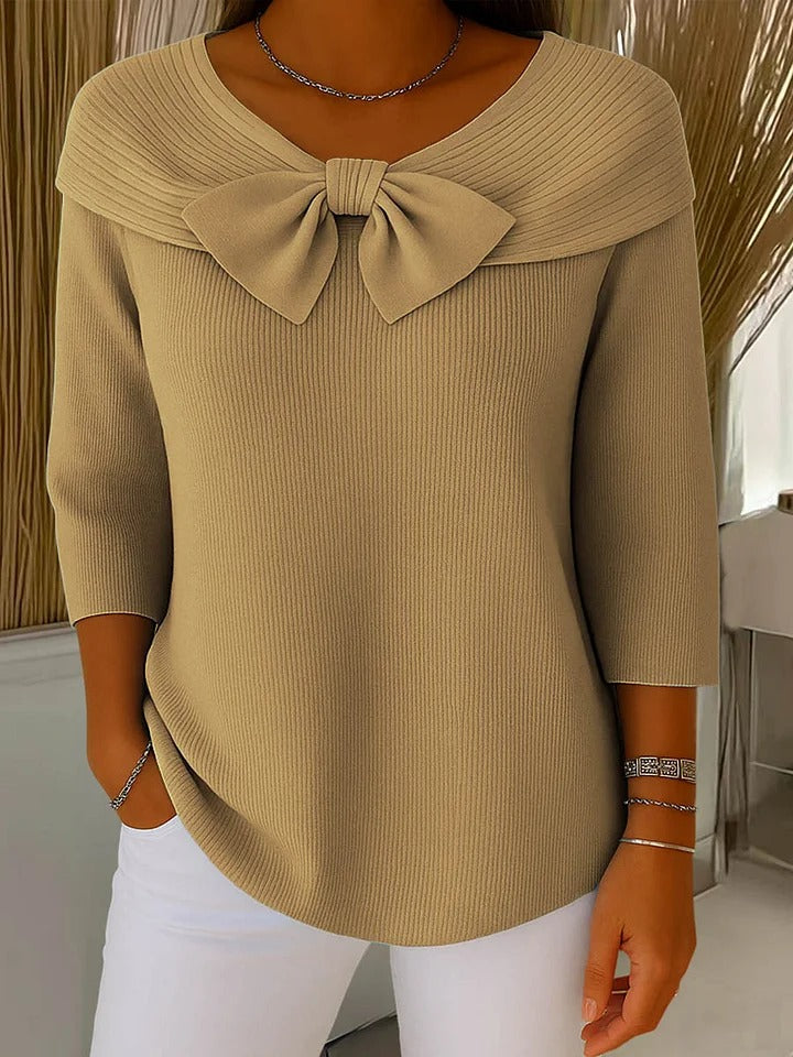 Off Shoulder Bow 3/4 Sleeve Ribbed Knit Sweater