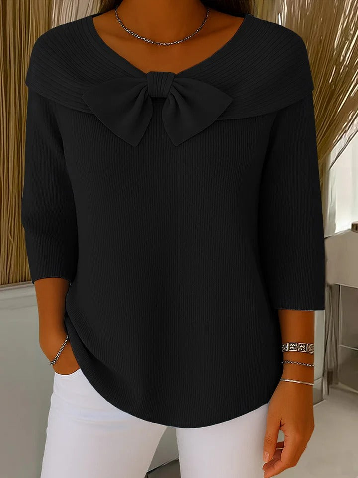 Off Shoulder Bow 3/4 Sleeve Ribbed Knit Sweater