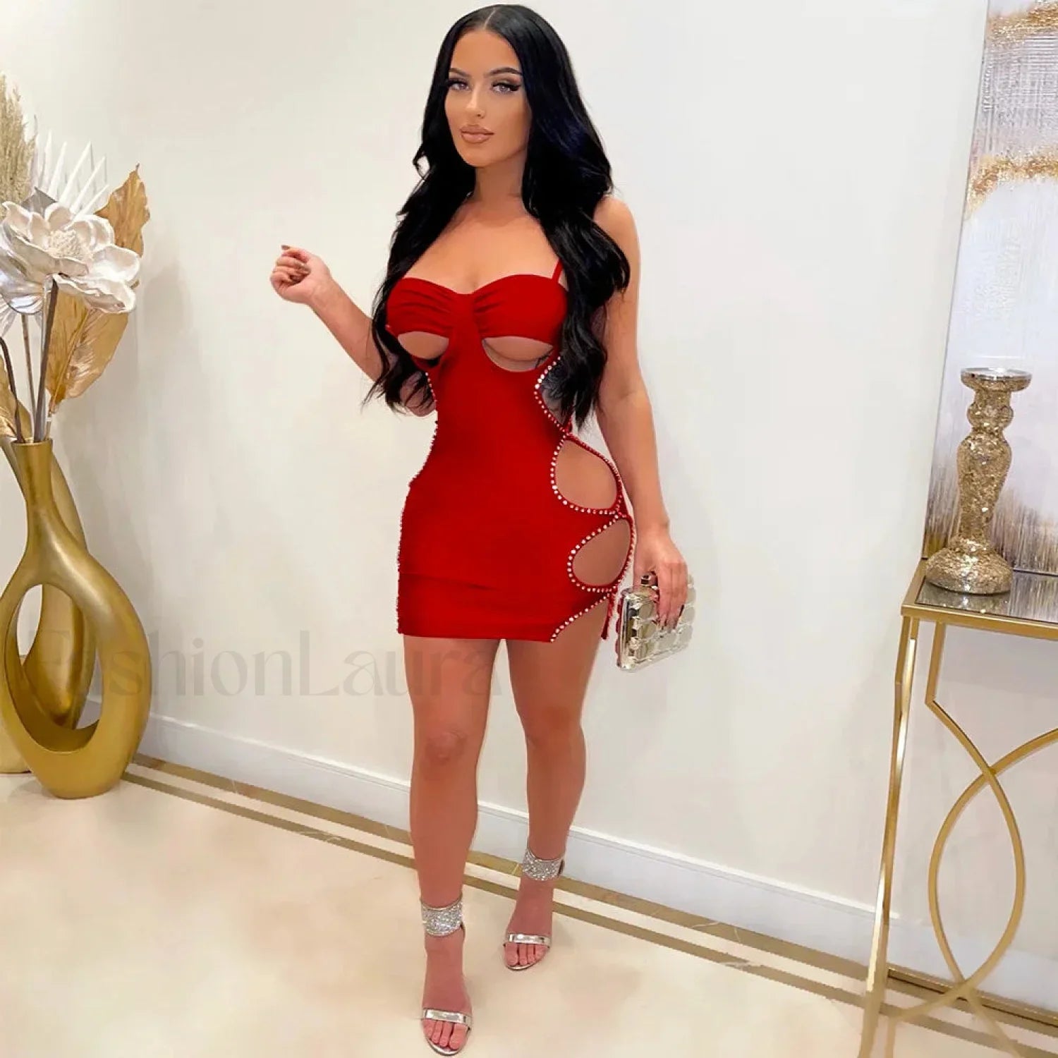 Spaghetti Strap Cut Out Mini Dress Red / S