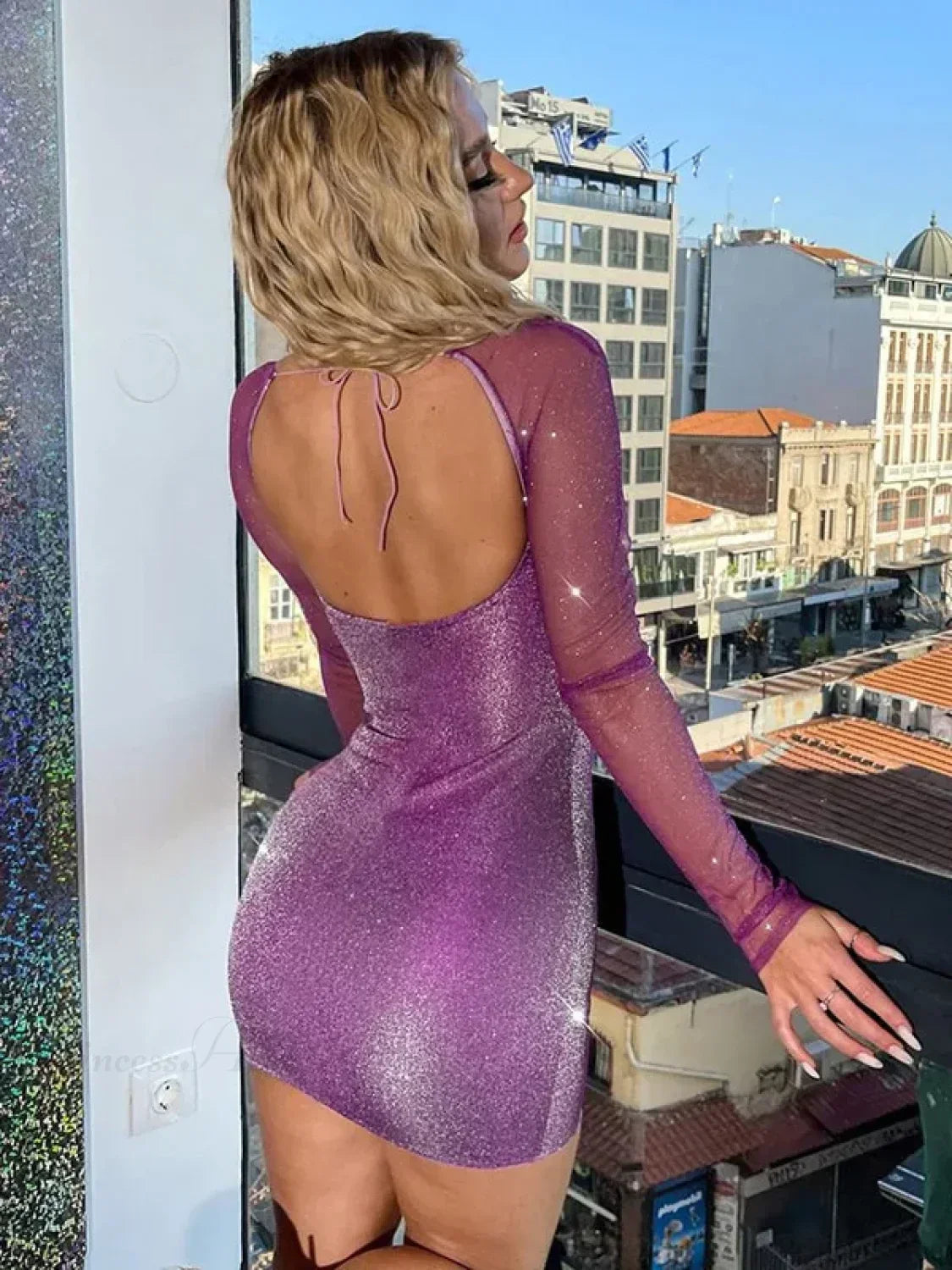 Glitter Sweetheart Neck Sheer Mesh Long Sleeve Bodycon Mini Dress 8