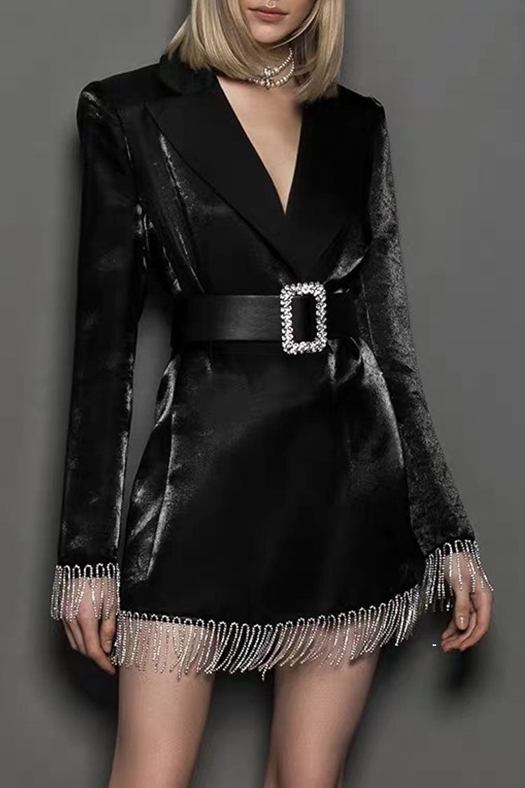 Satin Belted Rhinestone Fringe Trim Long Sleeve Blazer Mini Dress